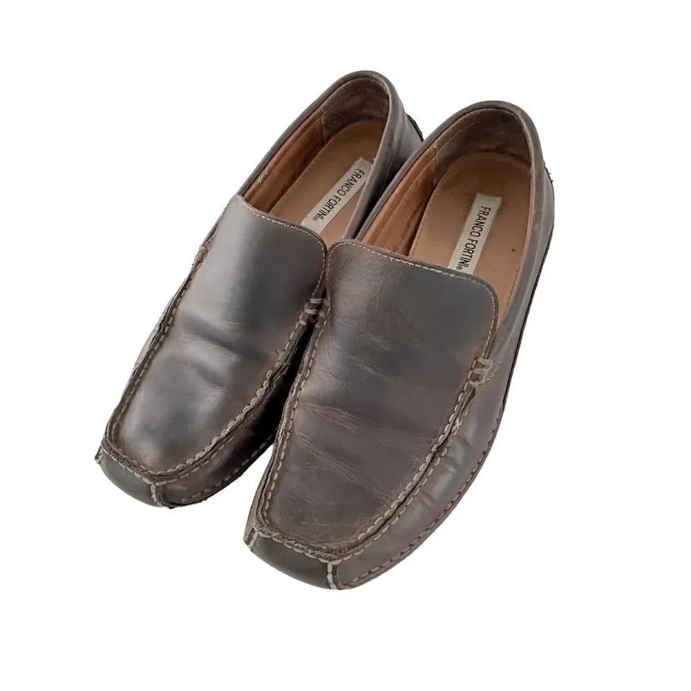 Franco Fortini Men 9.5 Max Brown‎ Distressed Leather Driver Slip-on Loafers